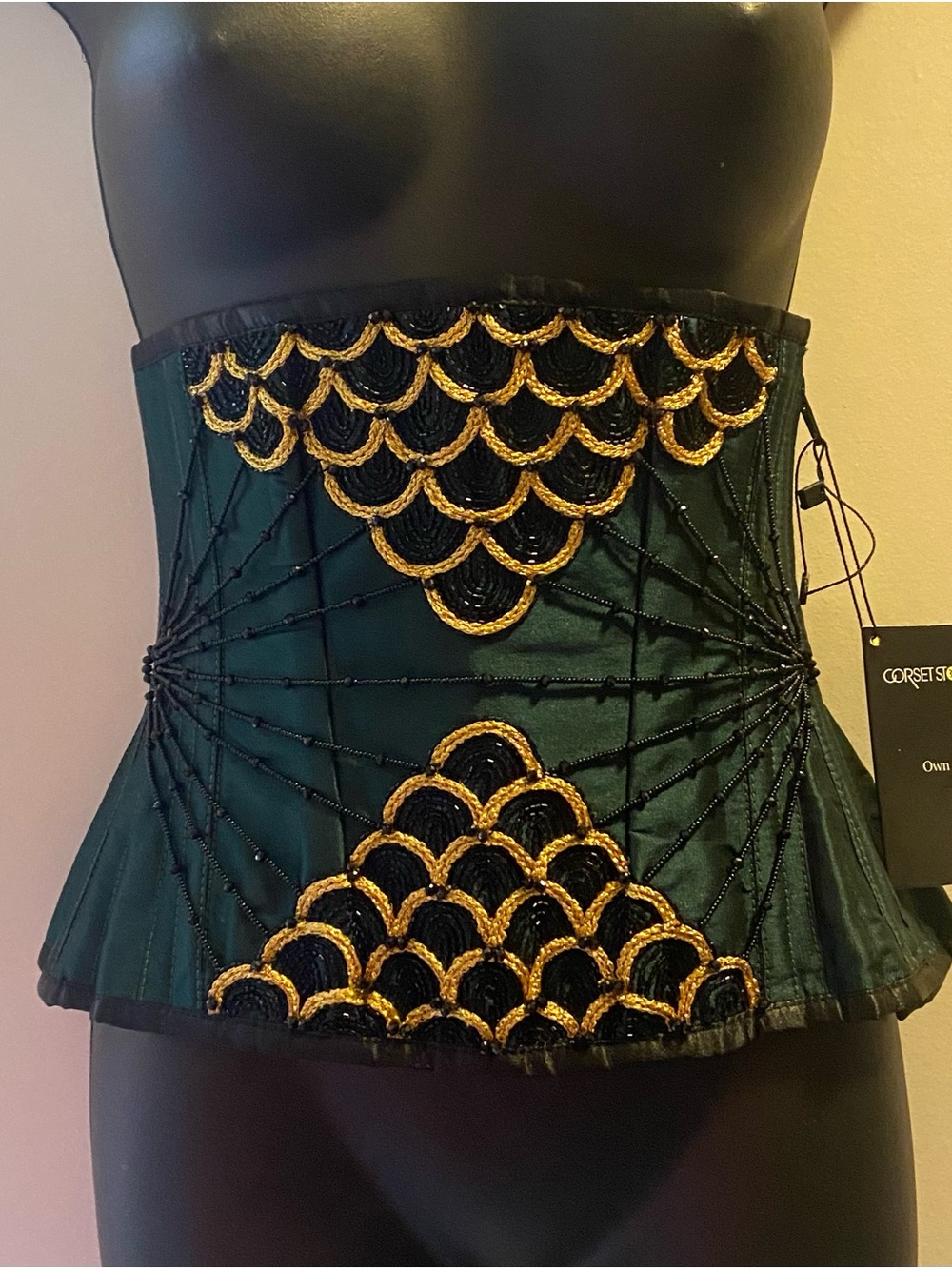 NWT Corsetstory Green Underbust Corset w Black & Gold 1920s-style Beading